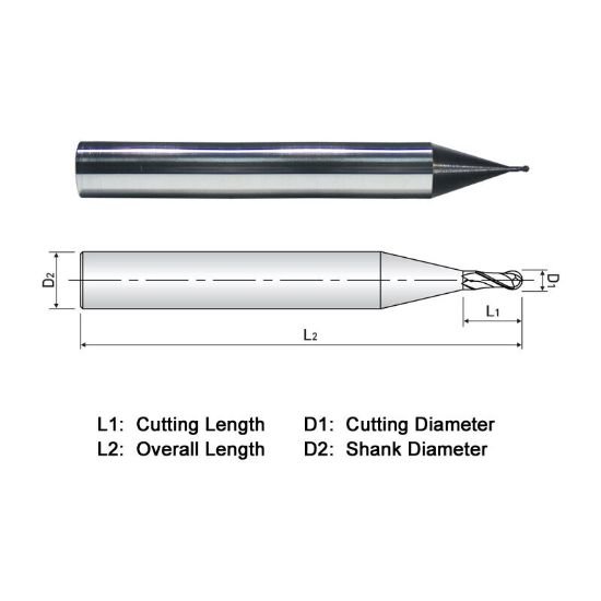 Picture of Widin MD502043 Dia 0.043 SH 0.1250 LOC 0.1180 OAL1.50 End Mill Standard Flute Standard Helix Carbide AlTiN Single End Ball NoseBall Z-ClassIC