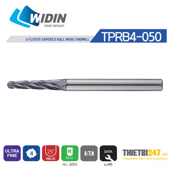 Picture of Widin TPRB4010-08-150 Dia 1mm SH 0.1575 LOC 0.3150 OAL1.7717 End Mill Taper Flute Carbide AlTiN Single End Ball NoseBall Z-ClassIC