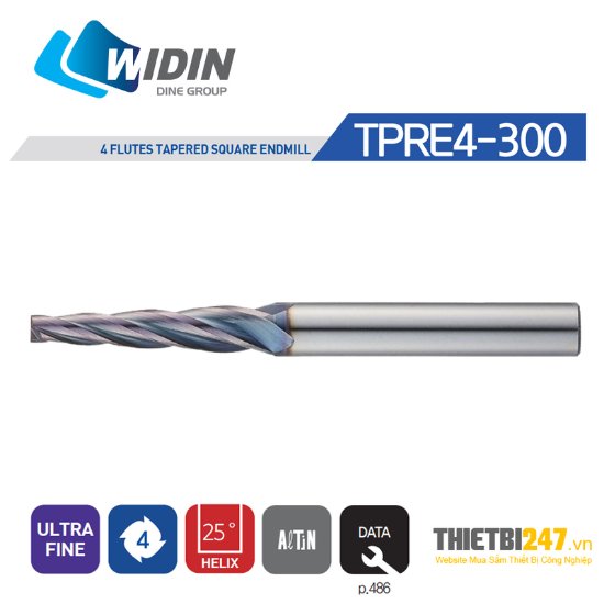 Picture of Widin TPRE4012-10-200 Dia 1.20mm SH 0.1575 LOC 0.3937 OAL1.771 End Mill Taper Flute Carbide AlTiN Single End Square Sharp Z-ClassIC