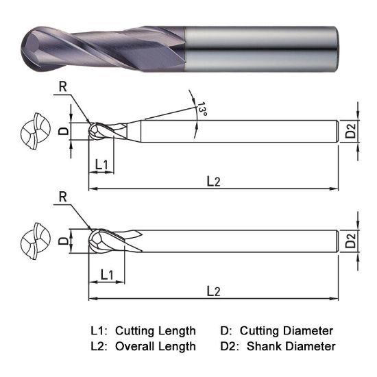 Picture of Widin TXB202030 Dia 3mm SH 0.1181 LOC 0.3937 OAL1.5354 End Mill Standard Flute Standard Helix Carbide TiAlN Single End Ball NoseBall THUNDER