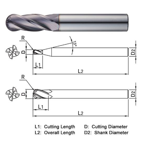 Picture of Widin TXB204100 Dia 10mm SH 0.3937 LOC 0.9843 OAL2.7559 End Mill Standard Flute Standard Helix Carbide TiAlN Single End Ball NoseBall THUNDER