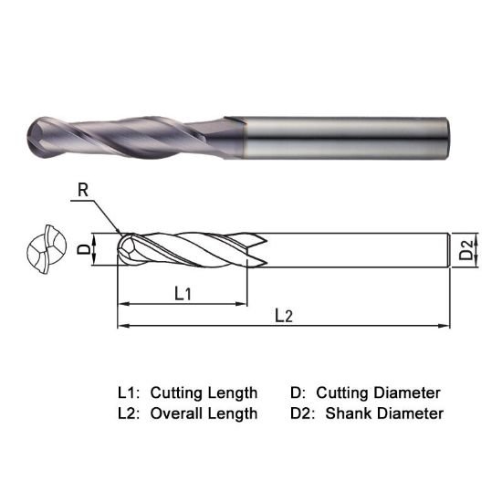 Picture of Widin TXB222100 Dia 10mm SH 0.3937 LOC 1.5748 OAL3.9370 End Mill Standard Flute Standard Helix Carbide TiAlN Single End Ball NoseBall THUNDER