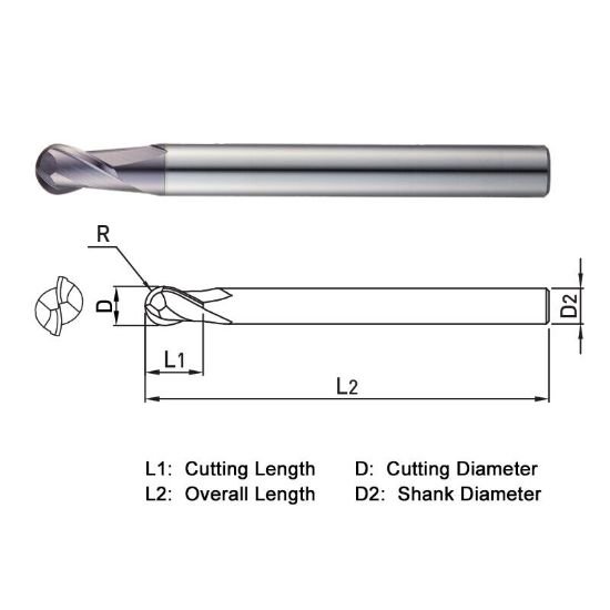 Picture of Widin TXB232030 Dia 3mm SH 0.1181 LOC 0.1969 OAL2.9528 End Mill Standard Flute Standard Helix Carbide TiAlN Single End Ball NoseBall THUNDER