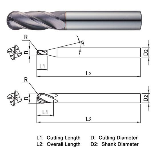 Picture of Widin TXB304040 Dia 4mm SH 0.1575 LOC 0.3150 OAL1.9685 End Mill Standard Flute Standard Helix Carbide TiAlN Single End Ball NoseBall THUNDER