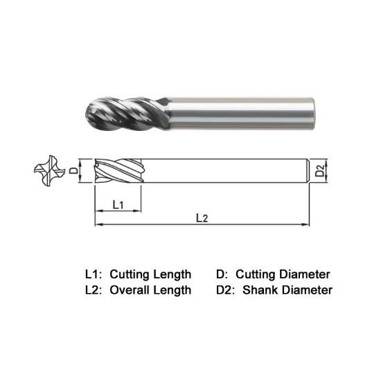 Picture of Widin VXB534A064N Dia 1 SH 0.50 LOC 1.1250 OAL6.00 End Mill Standard Flute Variable Helix Carbide TiAlN Single End Ball NoseBall VH Series