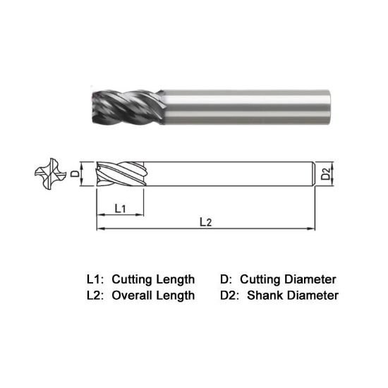 Picture of Widin VXE554A032 Dia 1/2 SH 0.50 LOC 2.00 OAL4.00 End Mill Standard Flute Variable Helix Carbide TiAlN Single End Square Sharp VH Series