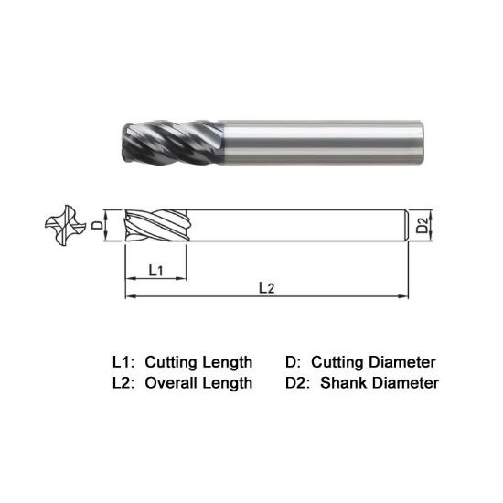 Picture of Widin VXR524A064190 Dia 1 SH 0.50 LOC 2.00 OAL5.00 End Mill Standard Flute Variable Helix Carbide TiAlN Single End Corner Radius0.1900 4.83mm VH Series