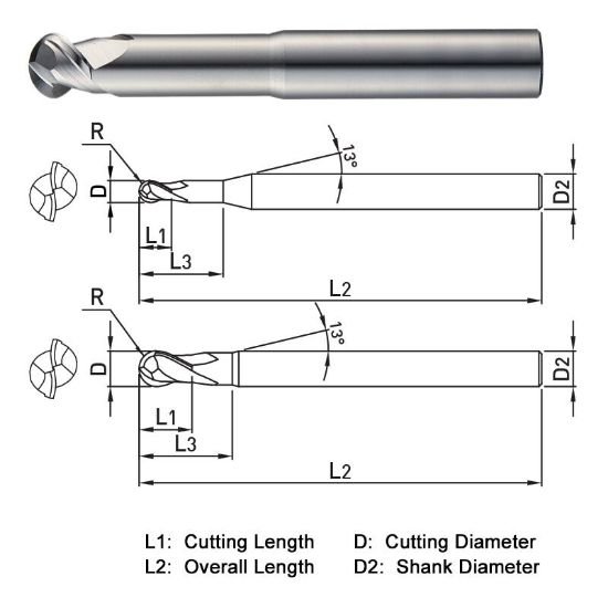 Picture of Widin WAB312100 Dia 10mm SH 0.3937 LOC 0.3346 OAL2.9528 End Mill Standard Flute High Helix Carbide Uncoated Single End Ball NoseBall ALU-WAVE