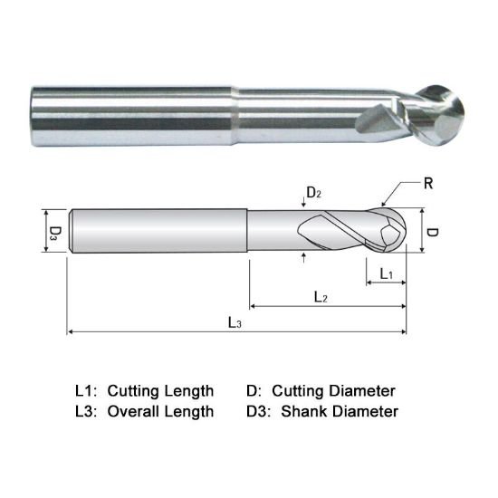 Picture of Widin WAB322120 Dia 12mm SH 0.4724 LOC 1.0236 OAL5.9055 End Mill Standard Flute High Helix Carbide Uncoated Single End Ball NoseBall ALU-WAVE