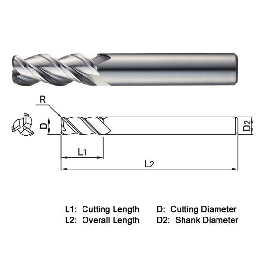 Picture of Widin WAR3030815 Dia 8mm SH 0.3150 LOC 0.7874 OAL2.3622 End Mill Standard Flute High Helix Carbide Uncoated Single End Corner Radius0.0591 1.50mm ALU-WAVE