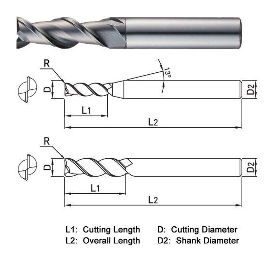 Picture of Widin WAR502020 Dia 2mm SH 0.2362 LOC 0.2362 OAL1.5748 End Mill Standard Flute High Helix Carbide DLC Single End Corner Radius0.0039 0.10mm ALU-WAVE