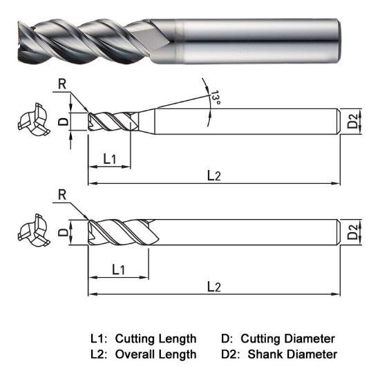 Picture of Widin WAR503161 Dia 16mm SH 0.6299 LOC 2.5591 OAL4.9213 End Mill Standard Flute High Helix Carbide DLC Single End Corner Radius0.0394 1.00mm ALU-WAVE