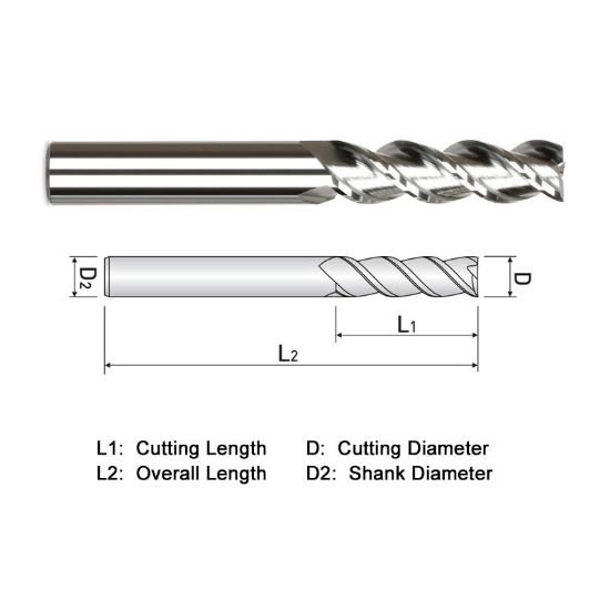 Picture of Widin WAR513A012020 Dia 3/16 SH 0.1875 LOC 0.5625 OAL2.00 End Mill Standard Flute High Helix Carbide DLC Single End Corner Radius0.0200 0.51mm ALU-WAVE