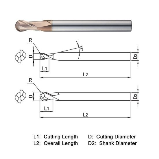 Picture of Widin WB502100200 Dia 10mm SH 0.3937 LOC 0.7087 OAL7.8740 End Mill Standard Flute Standard Helix Carbide AlTiN Single End Ball NoseBall WINNER