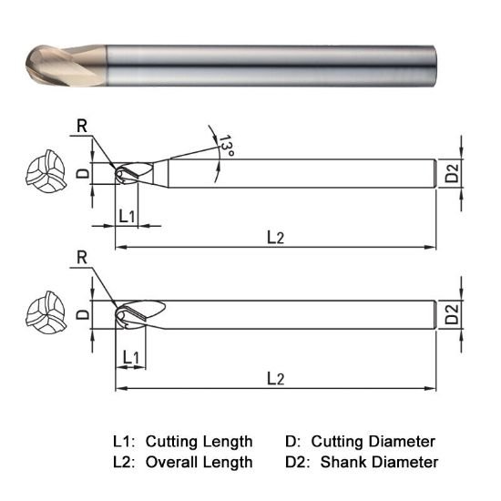 Picture of Widin WB503080 Dia 8mm SH 0.3150 LOC 0.3150 OAL3.9370 End Mill Standard Flute Standard Helix Carbide AlTiN Single End Ball NoseBall WINNER