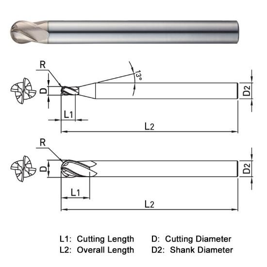 Picture of Widin WB504015 Dia 1.50mm SH 0.2362 LOC 0.0591 OAL1.968 End Mill Standard Flute Standard Helix Carbide AlTiN Single End Ball NoseBall WINNER