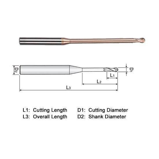 Picture of Widin WB51200201 Dia 0.20mm SH 0.1575 LOC 0.0079 OAL1.574 End Mill Standard Helix Standard Helix Carbide AlTiN Single End Ball NoseBall WINNER