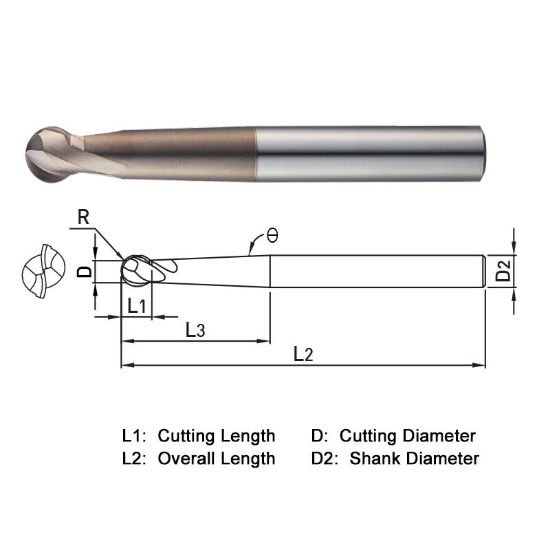 Picture of Widin WB532030 Dia 3mm SH 0.2362 LOC 0.0906 OAL3.1496 End Mill Standard Flute Standard Helix Carbide AlTiN Single End Ball NoseBall WINNER