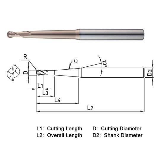 Picture of Widin WB5420405004 Dia 0.40mm SH 0.1575 LOC 0.0157 OAL1.968 End Mill Standard Flute Standard Helix Carbide AlTiN Single End Ball NoseBall WINNER