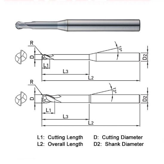 Picture of Widin WB71202060P Dia 2mm SH 0.1575 LOC 0.0787 OAL4.3307 End Mill Standard Flute Variable Helix Carbide AlTiN Single End Ball NoseBall WINNER 7 Plus
