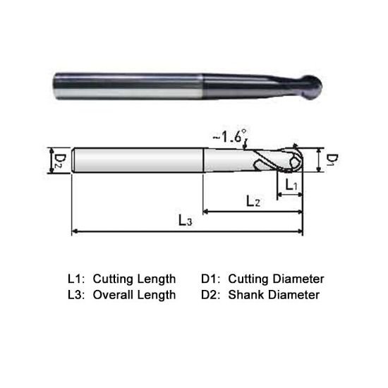 Picture of Widin WB7123060 Dia 3mm SH 0.2362 LOC 0.1181 OAL3.9370 End Mill Standard Flute Standard Helix Carbide AlTiN Single End Ball NoseBall Z-ClassIC