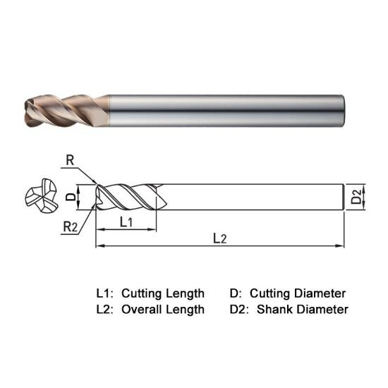 Picture of Widin WDR50306010 Dia 6mm SH 0.2362 LOC 0.3937 OAL3.5433 End Mill Standard Flute Standard Helix Carbide AlTiN Single End Corner Radius0.0394 1.00mm WINNER