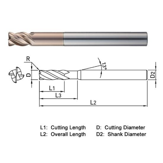 Picture of Widin WE51200514 Dia 0.50mm SH 0.1575 LOC 0.0276 OAL1.771 End Mill Standard Flute Standard Helix Carbide AlTiN Single End Square Sharp WINNER