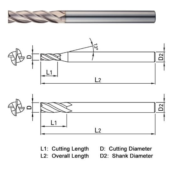 Picture of Widin WE52403010 Dia 3mm SH 0.2362 LOC 0.3937 OAL2.7559 End Mill Standard Flute Standard Helix Carbide AlTiN Single End Square Sharp WINNER
