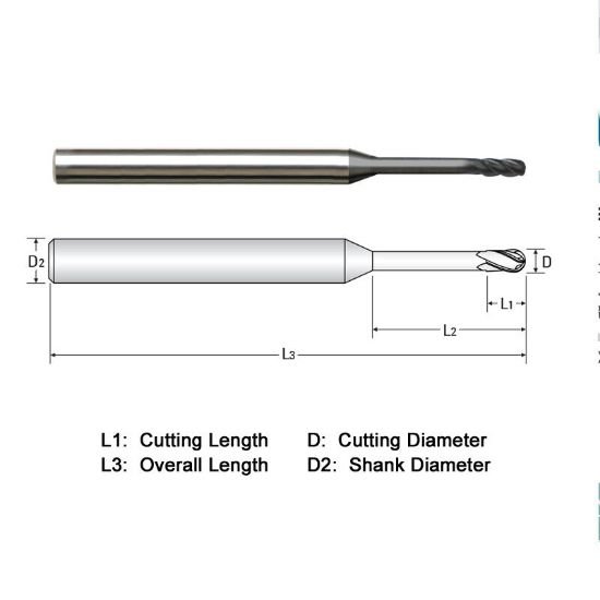 Picture of Widin WGB514A0120750-3 Dia 3/16 SH 0.1875 LOC 0.50 OAL3.00 End Mill Standard Flute Standard Helix Carbide Diamond Single End Ball NoseBall Z-GRA-MATE