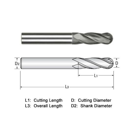 Picture of Widin WGB524A008-4SP Dia 1/8 SH 0.1250 LOC 0.1250 OAL4.00 End Mill Standard Flute Standard Helix Carbide Diamond Single End Ball NoseBall Z-GRA-MATE