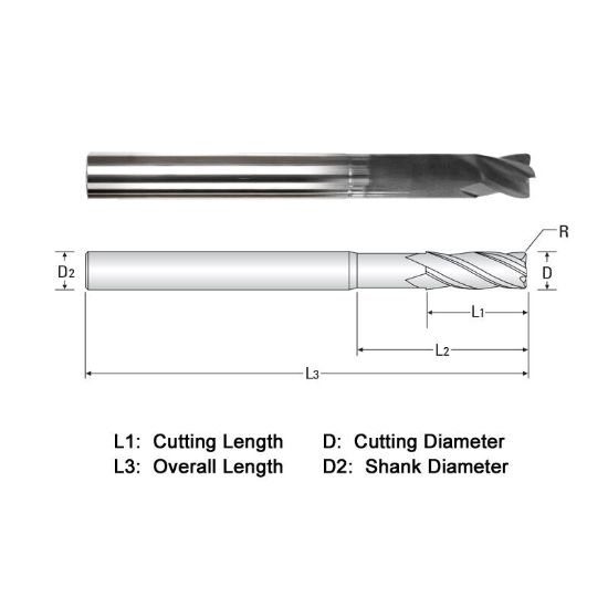 Picture of Widin WGR504A024-4-020 Dia 3/8 SH 0.3750 LOC 1.3750 OAL4.00 End Mill Standard Flute Standard Helix Carbide Diamond Single End Corner Radius0.0200 0.51mm Z-GRA-MATE