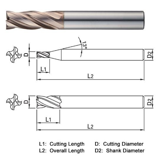 Picture of Widin WME504130 Dia 13mm SH 0.4724 LOC 1.3780 OAL3.9370 End Mill Standard Flute Standard Helix Carbide AlTiN Single End Square Sharp WINNER