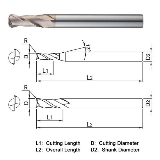 Picture of Widin WR502002005 Dia 0.20mm SH 0.1575 LOC 0.0157 OAL1.574 End Mill Standard Flute Standard Helix Carbide AlTiN Single End Corner Radius0.0020 0.05mm WINNER