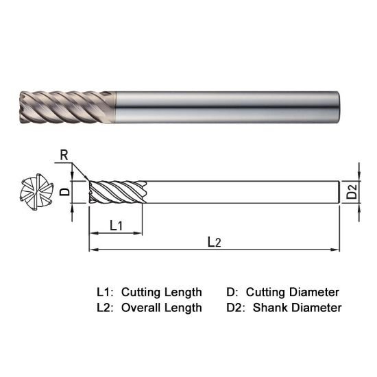Picture of Widin WR50608005 Dia 8mm SH 0.3150 LOC 0.7874 OAL3.9370 End Mill Standard Flute High Helix Carbide AlTiN Single End Corner Radius0.0197 0.50mm WINNER