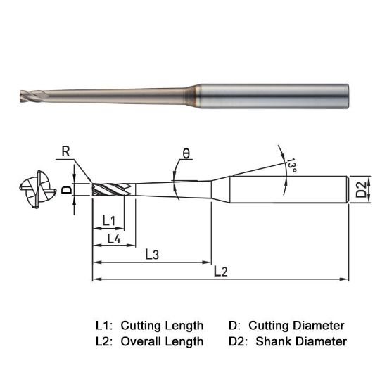 Picture of Widin WR542020050140 Dia 2mm SH 0.2362 LOC 0.0787 OAL3.1496 End Mill Standard Flute Standard Helix Carbide AlTiN Single End Corner Radius0.0197 0.50mm WINNER