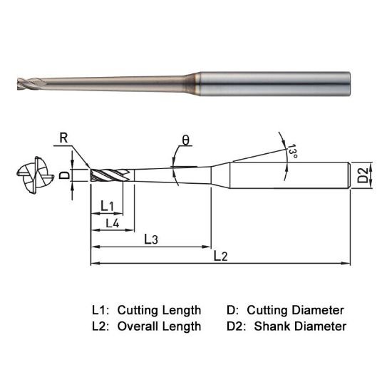 Picture of Widin WR544015030150 Dia 1.50mm SH 0.1575 LOC 0.0906 OAL3.543 End Mill Standard Flute Standard Helix Carbide AlTiN Single End Corner Radius0.0118 0.30mm WINNER
