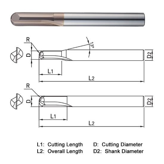 Picture of Widin WSB502050 Dia 5mm SH 0.2362 LOC 0.7087 OAL3.5433 End Mill Standard Flute High Helix Carbide AlTiN Single End Ball NoseBall WINNER