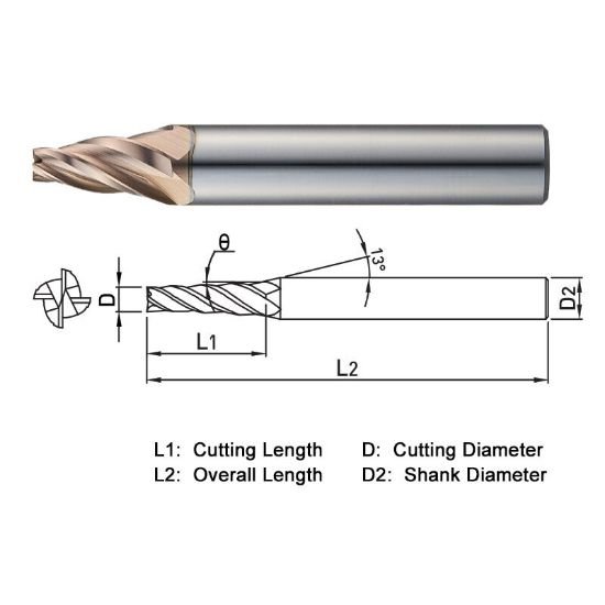 Picture of Widin WTE50404005 Dia 4mm SH 0.3150 LOC 0.8661 OAL2.5591 End Mill Taper Flute Carbide AlTiN Single End Square Sharp WINNER