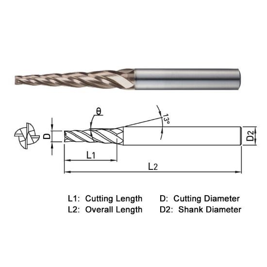 Picture of Widin WTE51401203006 Dia 1.20mm SH 0.1575 LOC 0.2362 OAL1.968 End Mill Taper Flute Carbide AlTiN Single End Square Sharp WINNER