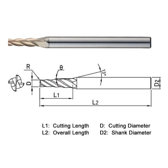 Picture of Widin WTR504010010106 Dia 1mm SH 0.1575 LOC 0.2362 OAL1.9685 End Mill Taper Flute Carbide AlTiN Single End Corner Radius0.0039 0.10mm WINNER