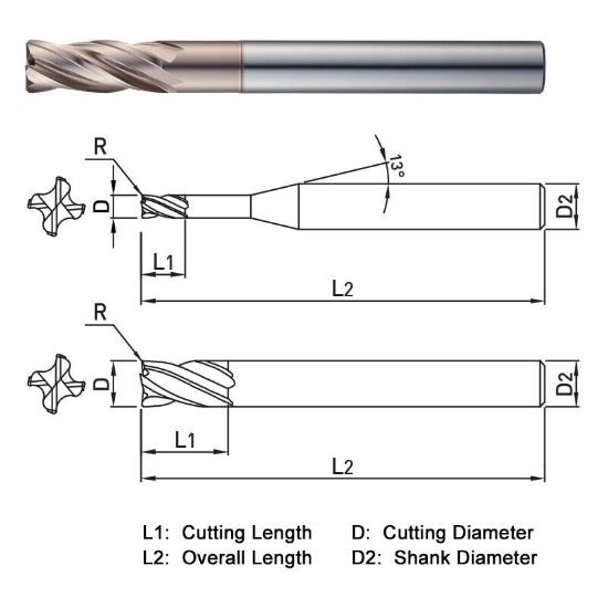 Picture of Widin WXR5140300335 Dia 3mm SH 0.2362 LOC 0.1770 OAL2.7559 End Mill Standard Flute Variable Helix Carbide AlTiN Single End Corner Radius0.0118 0.30mm WINNER