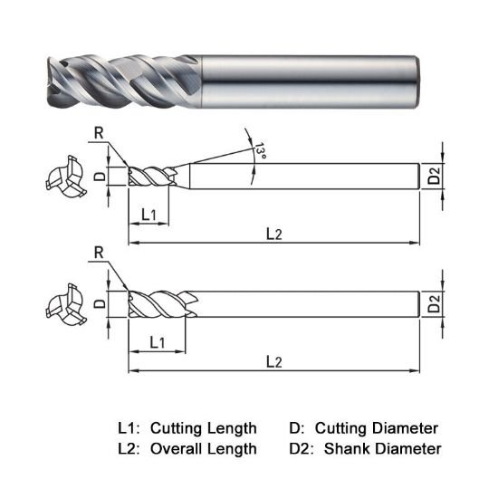 Picture of Widin XCR5030810 Dia 8mm SH 0.3150 LOC 0.7874 OAL2.3622 End Mill Standard Flute High Helix Carbide TiAlN Single End Corner Radius0.0394 1.00mm X-Star