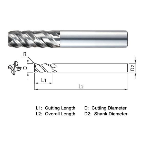 Picture of Widin XCR5042510 Dia 20mm SH 0.9843 LOC 1.9685 OAL4.7244 End Mill Standard Flute High Helix Carbide TiAlN Single End Corner Radius0.0394 1.00mm X-Star