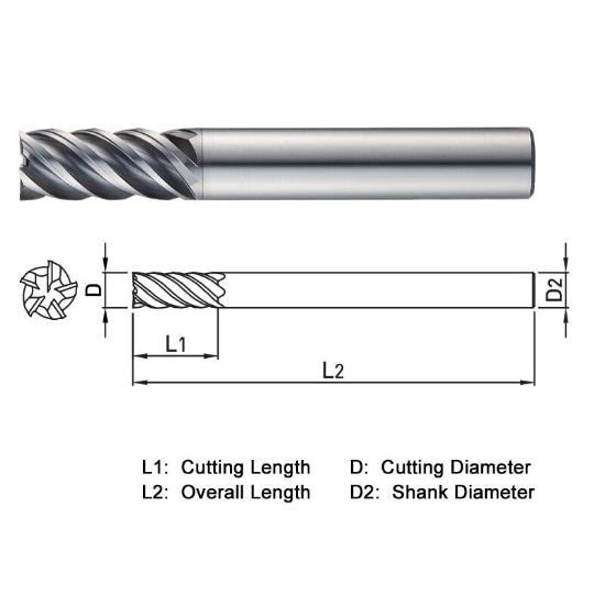 Picture of Widin XE505060 Dia 6mm SH 0.2362 LOC 0.5118 OAL2.2441 End Mill Standard Flute Variable Helix Carbide TiAlN Single End Square Sharp X-Star