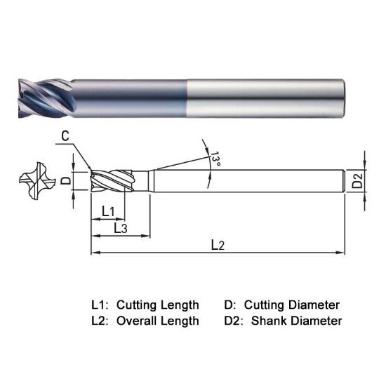 Picture of Widin XE524060 Dia 6mm SH 0.2362 LOC 0.2756 OAL2.7559 End Mill Standard Flute Variable Helix Carbide AlTiN Single End Square Sharp X-Star