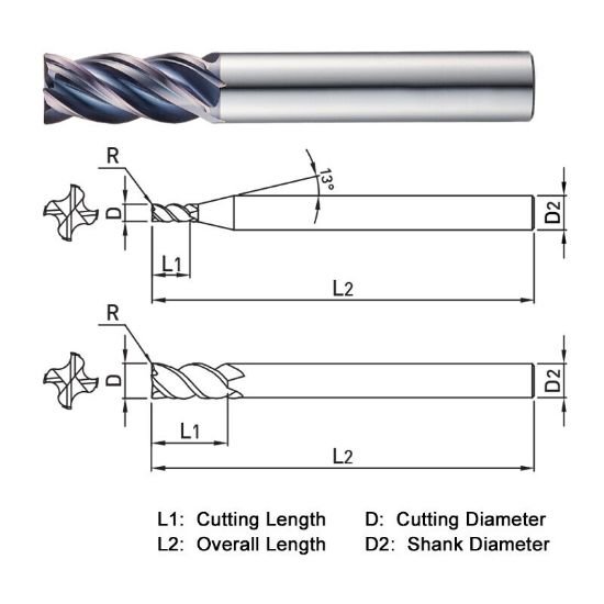 Picture of Widin XR504130 Dia 13mm SH 0.4724 LOC 1.0236 OAL3.1496 End Mill Standard Flute Variable Helix Carbide AlTiN Single End Corner Radius0.0118 0.30mm X-Star