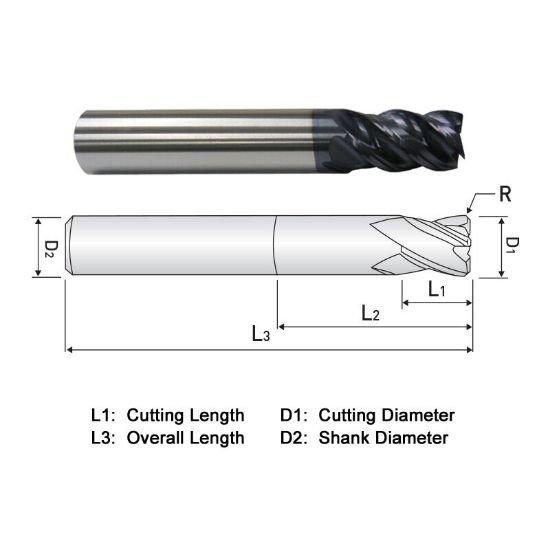 Picture of Widin XR514A032060 Dia 1/2 SH 0.50 LOC 1.00 OAL3.00 End Mill Standard Flute Variable Helix Carbide AlTiN Single End Corner Radius0.0600 1.52mm X-Star