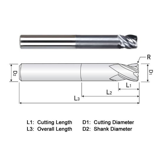 Picture of Widin XR525A064015 Dia 1 SH 1.00 LOC 2.2500 OAL5.00 End Mill Standard Flute Variable Helix Carbide TiAlN Single End Corner Radius0.0150 0.38mm X-Star