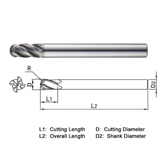 Picture of Widin XXB504040 Dia 4mm SH 0.2362 LOC 0.3150 OAL2.7559 End Mill Standard Flute Variable Helix Carbide TiAlN Single End Ball NoseBall XX-Star