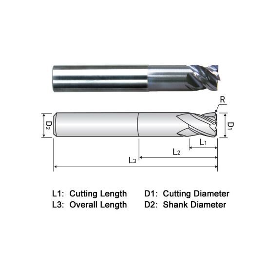 Picture of Widin XXR534A024020 Dia 3/8 SH 0.3750 LOC 0.50 OAL4.00 End Mill Standard Flute Variable Helix Carbide TiAlN Single End Corner Radius0.0200 0.51mm XX-Star